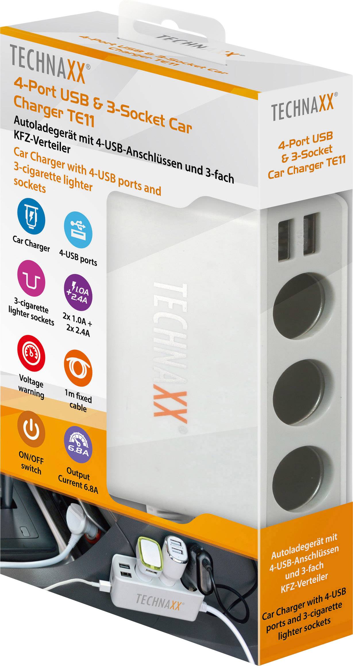 Technaxx 4592 TE11 TE11 Zigarettenanzünder-Verteiler Anzahl Zigarettenkupplungen 3 x Schnittstellen: USB 4 x Belastbarkeit Strom