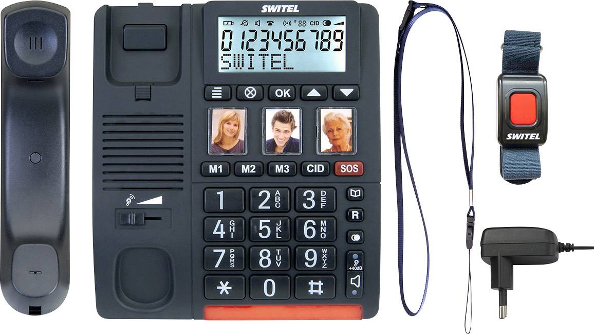 Switel TF 560 Schnurgebundenes Seniorentelefon  Freisprechen, Optische Anrufsignalisierung, inkl. Notrufsender Beleuchtetes Display Schwarz
