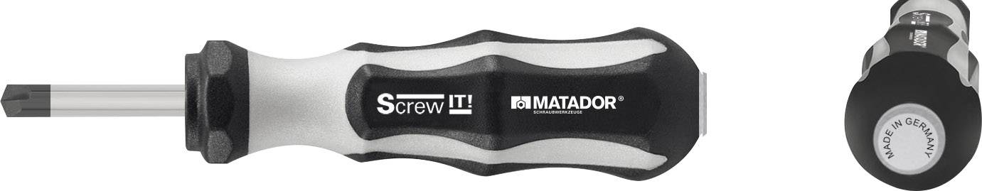 Ein Schraubendreher mit ergonomischem Griff, markiert mit 'Screw it!' und 'Matador'. Geeignet für präzises Schrauben.