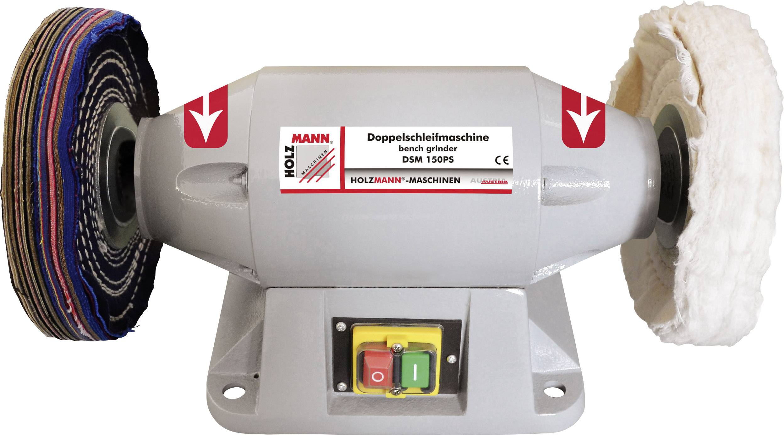 Doppelschleifmaschine mit zwei Scheiben, eine mit Stoff, eine mit Fasern. Hersteller-Logo und Modellinformationen auf der Vorderseite.
