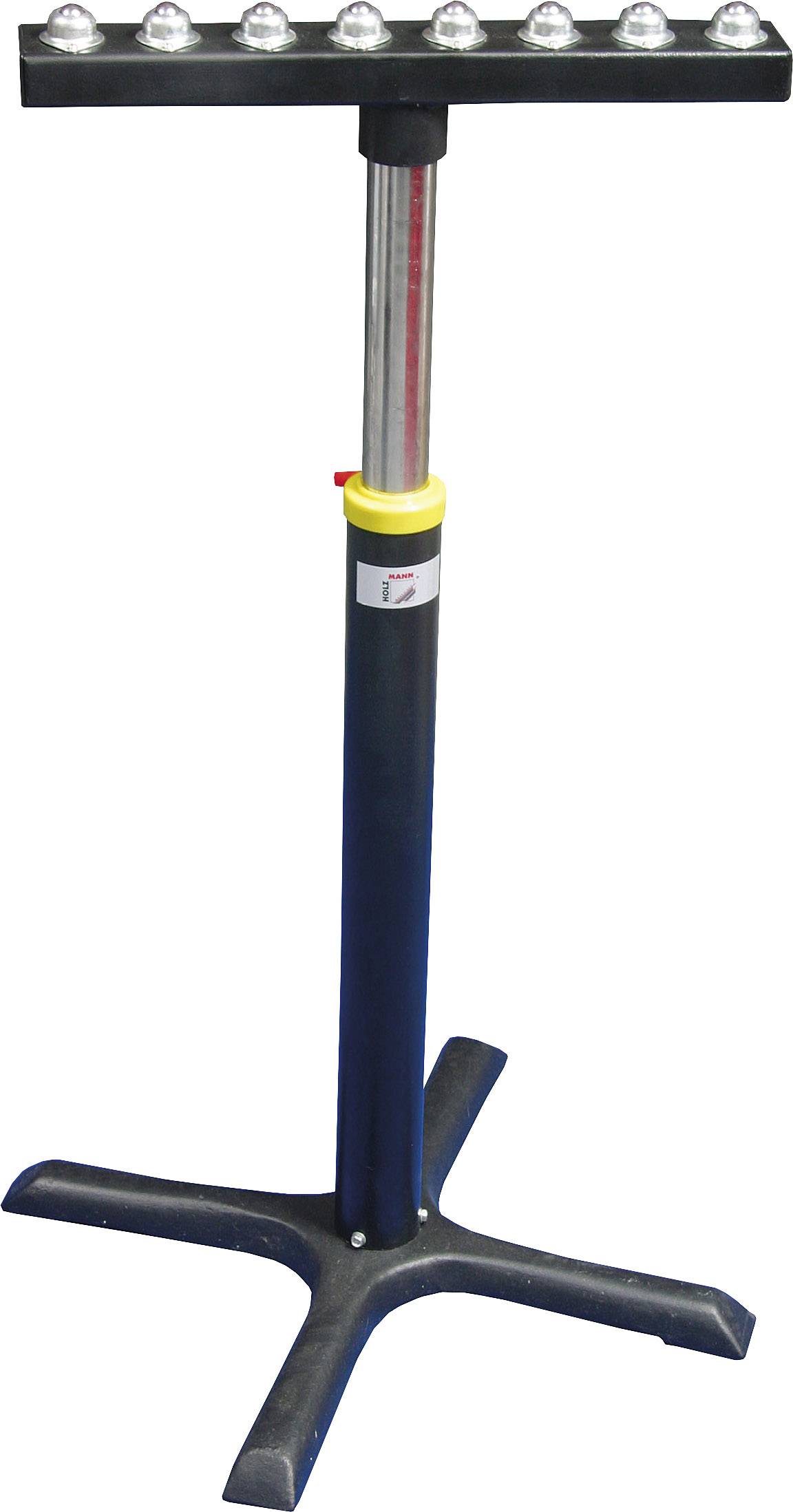 Ein höhenverstellbarer Rollbock mit mehreren Kugelrollen auf einer Metallstange, montiert auf einem stabilen Standfuß.