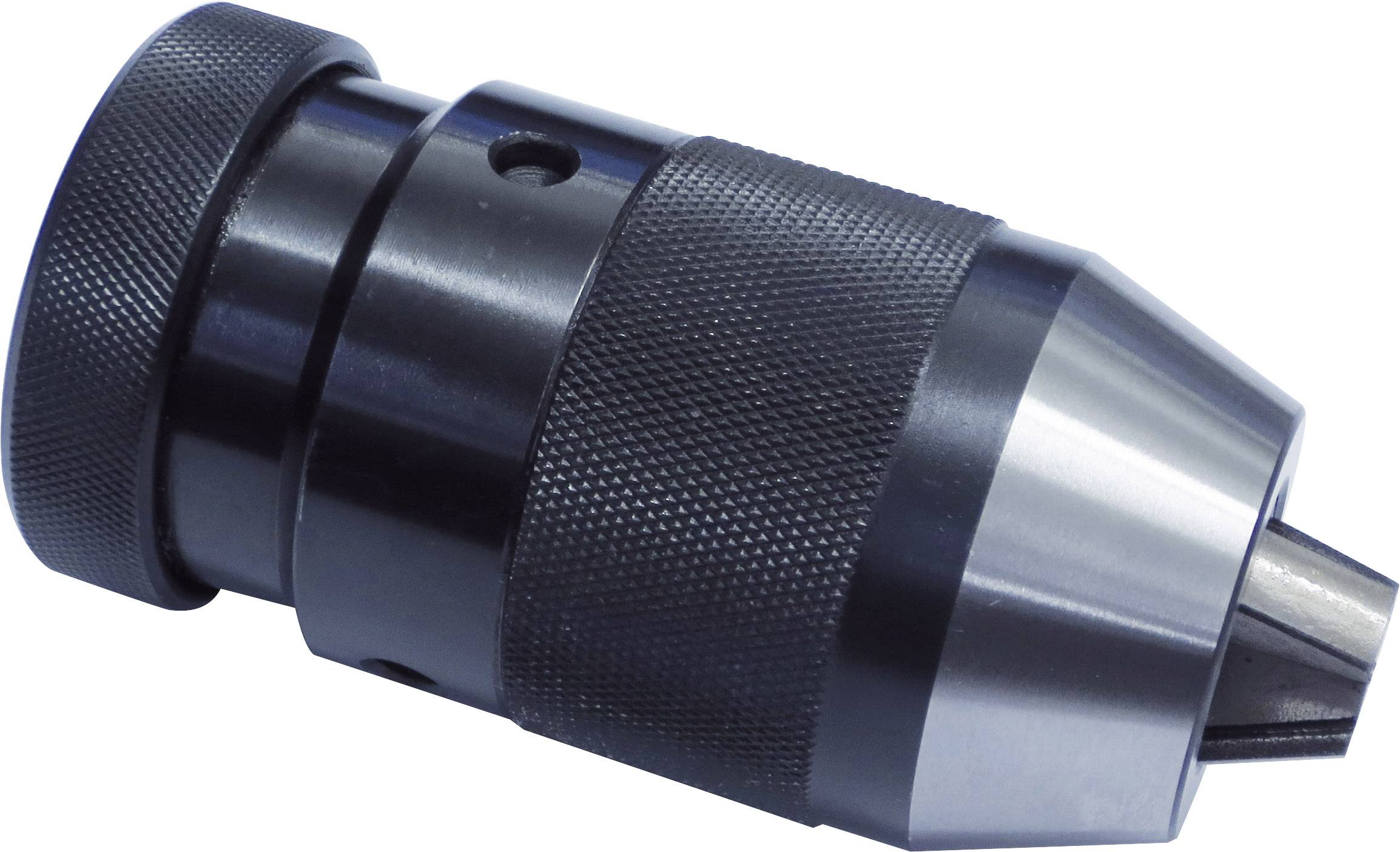 Ein schwarzes Bohrfutter aus Metall, zylindrisch geformt, mit gerändelter Oberfläche für besseren Halt.