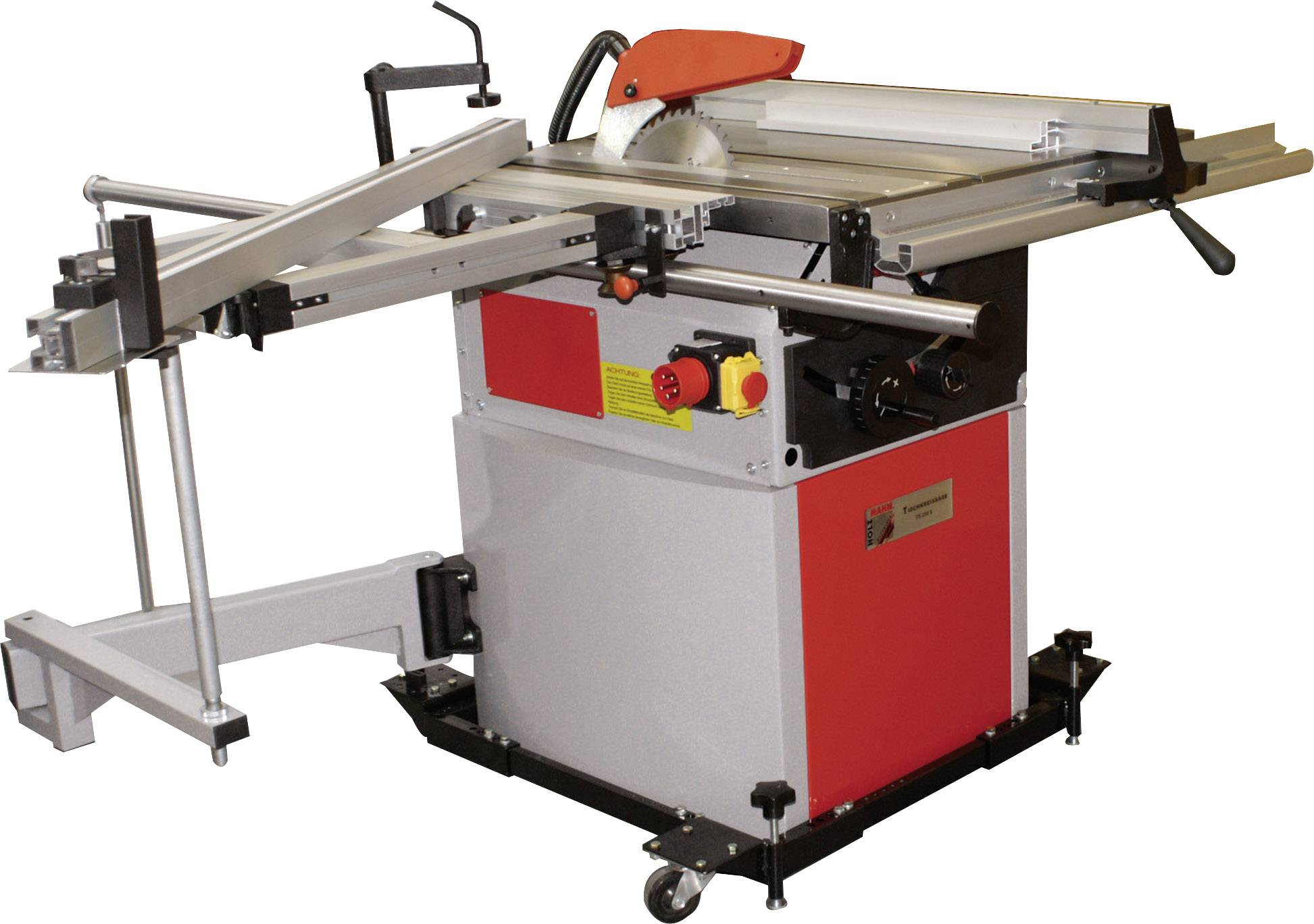 Eine Tischkreissäge mit rotem Gehäuse und silberner Tischplatte. Sie hat einen großen Sägeblattdeckel, Führungsschienen und Bedienelemente.