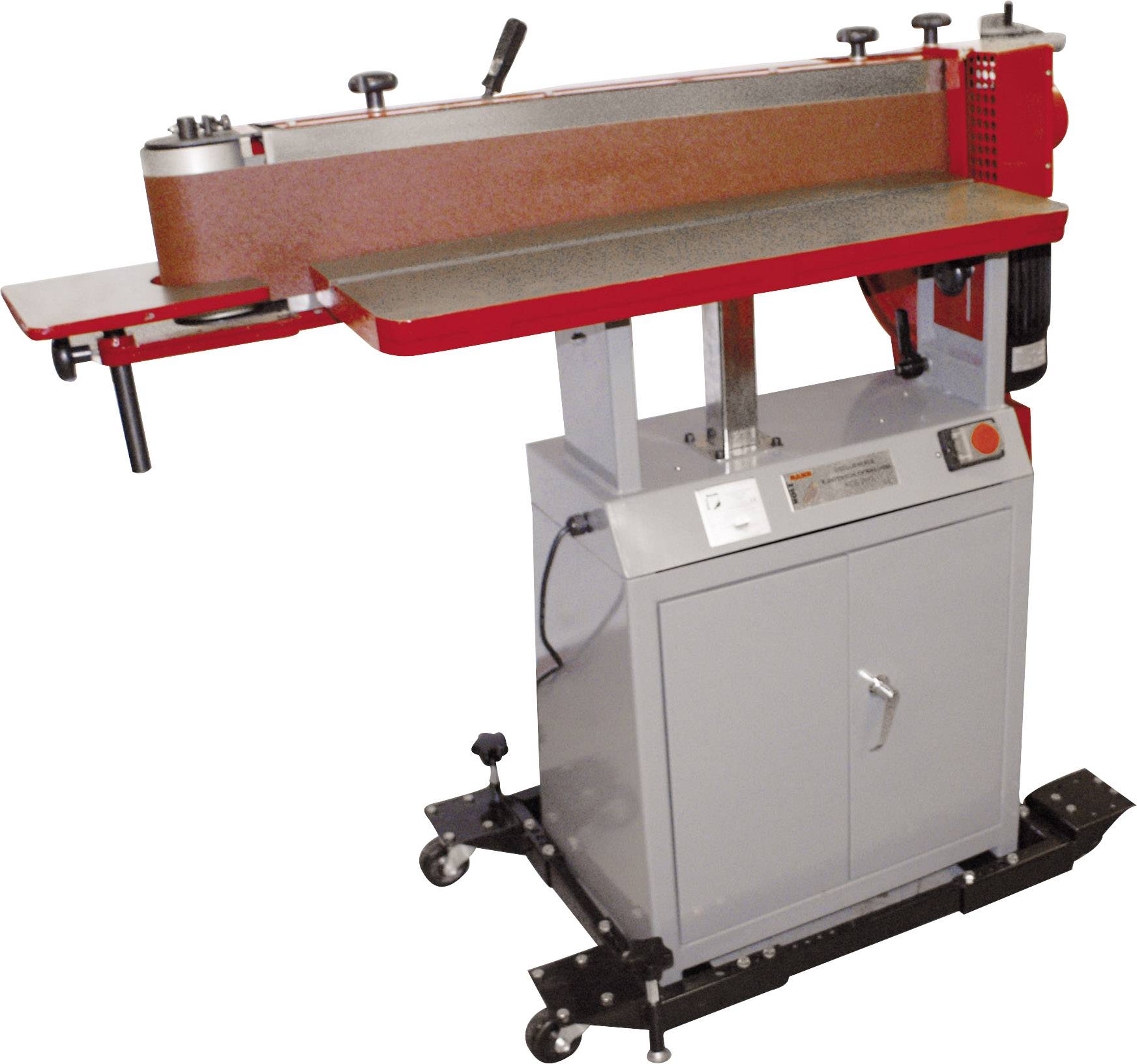 Eine stehende Schleifmaschine mit einem breiten Schleifband, einem Metallgehäuse und Rollen unten, für industrielle Anwendungen geeignet.