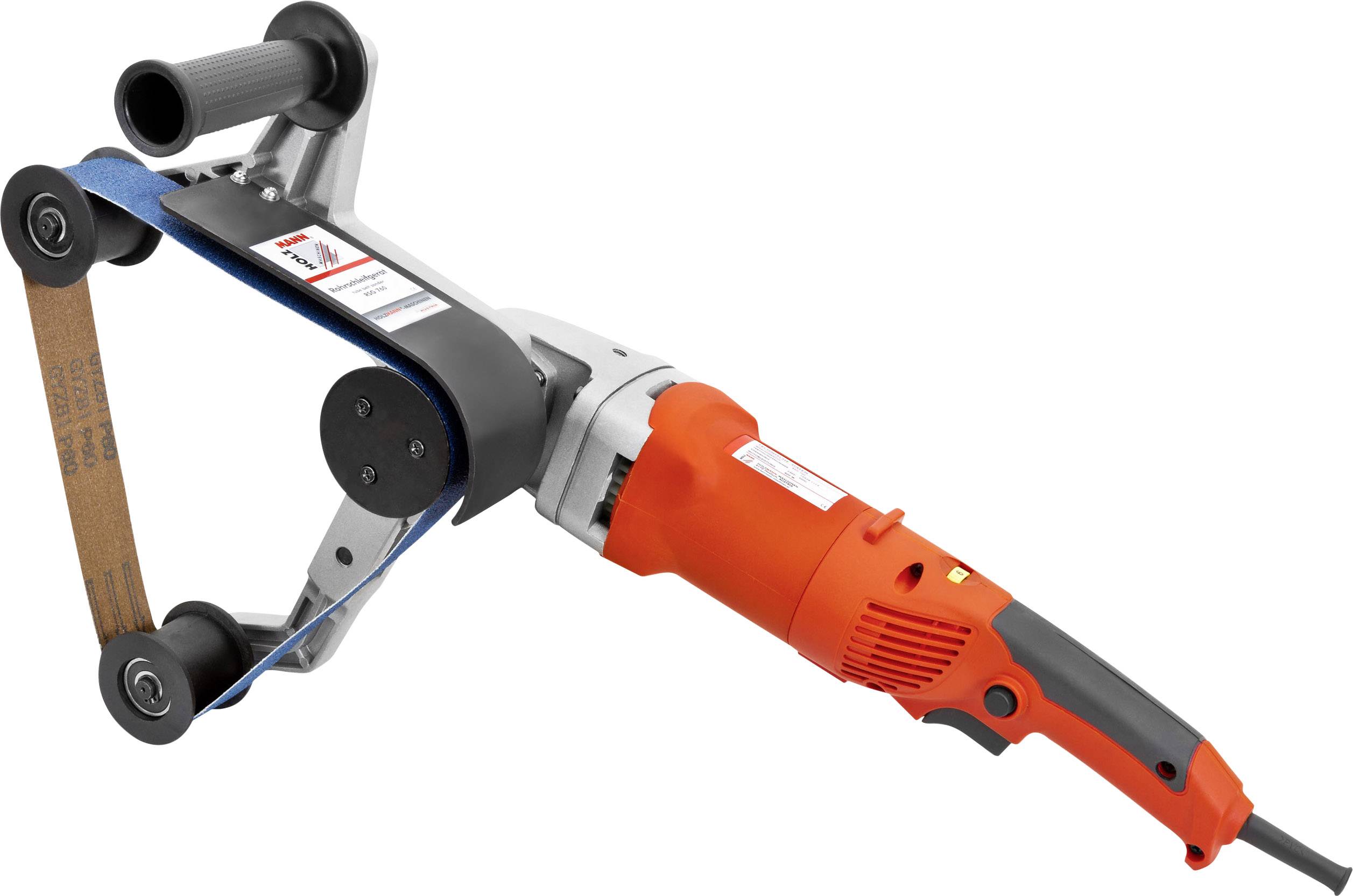 Ein elektrisches Schleifwerkzeug mit einem Band, rotem Griff und schwarzer Rolle, verwendet zum Polieren oder Schleifen von Oberflächen.