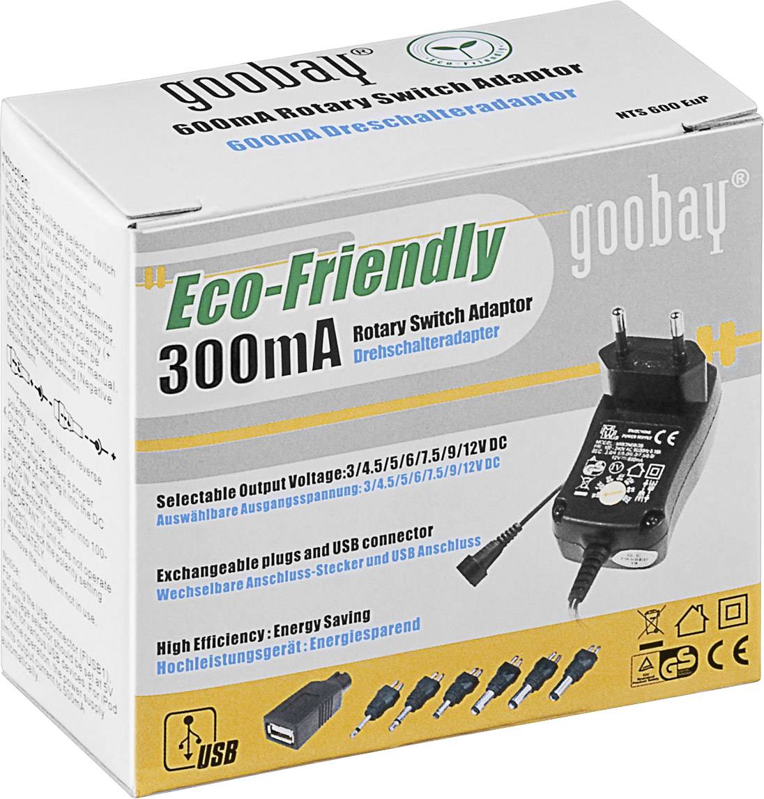 Goobay 54793 Steckernetzteil, einstellbar 3 V/DC, 4.5 V/DC, 5 V/DC, 6 V/DC, 7.5 V/DC, 9 V/DC, 12 V/DC 300 mA 3.6 W