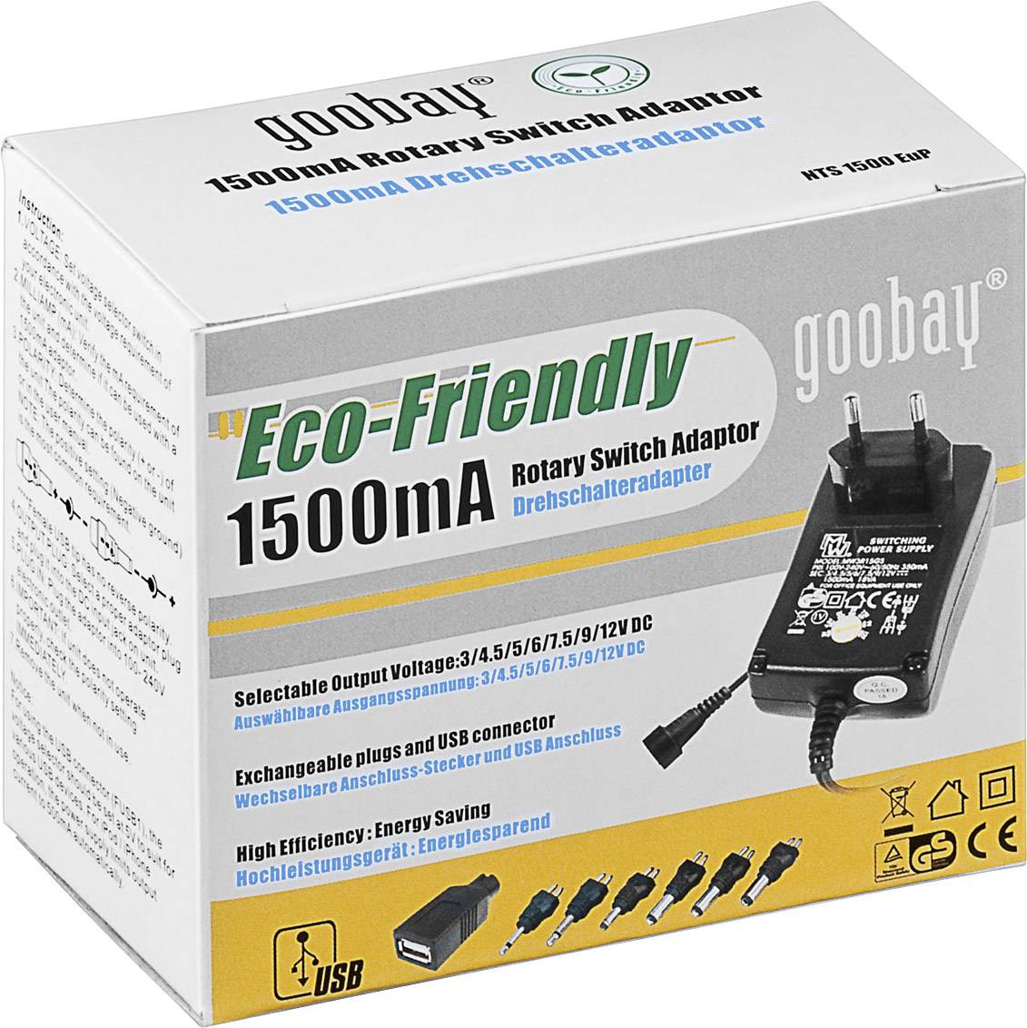 Goobay 53997 Steckernetzteil, einstellbar 3 V/DC, 4.5 V/DC, 5 V/DC, 6 V/DC, 7.5 V/DC, 9 V/DC, 12 V/DC 1500mA 18W