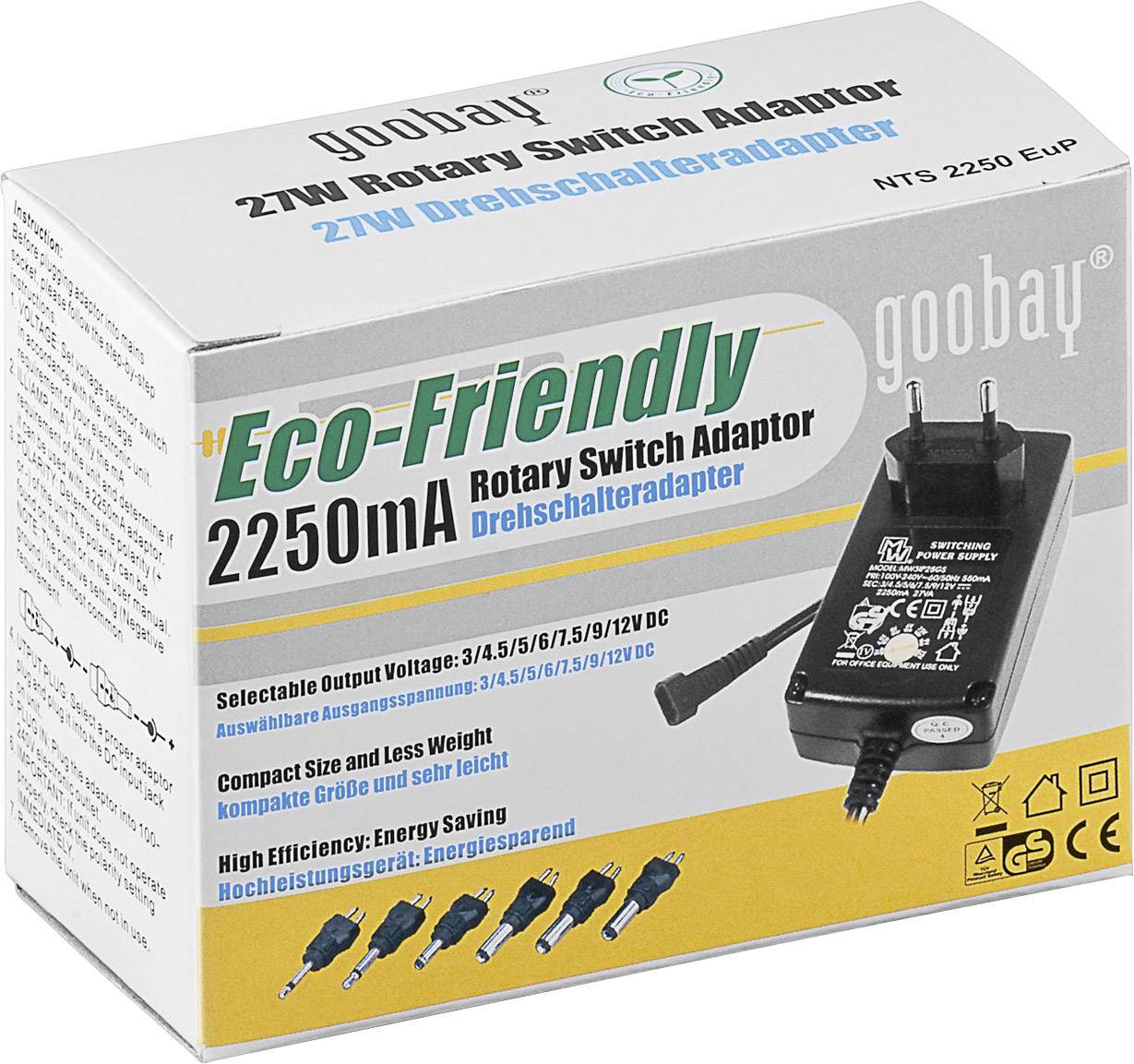 Goobay 53998 Steckernetzteil, einstellbar 3 V/DC, 4.5 V/DC, 5 V/DC, 6 V/DC, 7.5 V/DC, 9 V/DC, 12 V/DC 2250 mA 27 W
