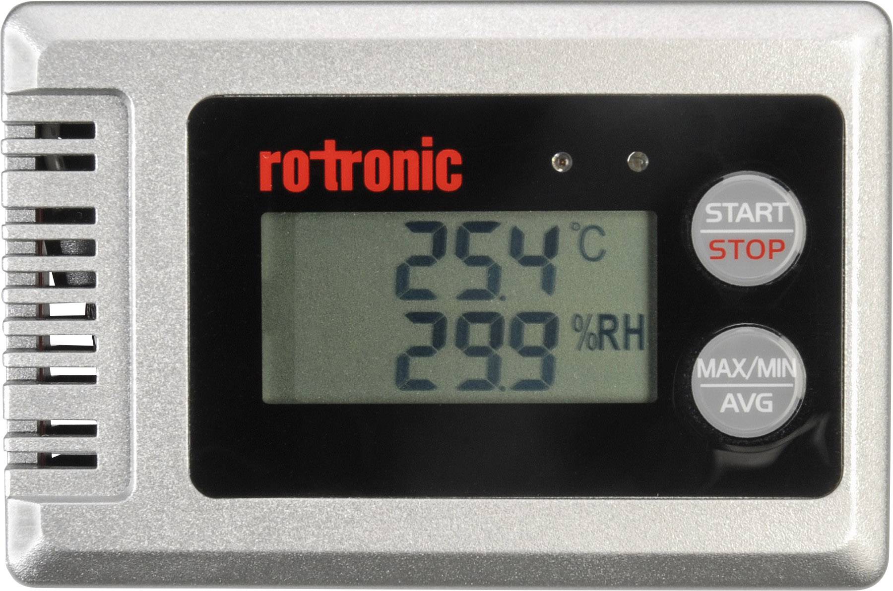 Ein digitales Hygrometer zeigt 25,4 Grad Celsius und 29,9 Prozent relative Luftfeuchtigkeit an. Es gibt Tasten für Start/Stopp und Max/Min/Avg.