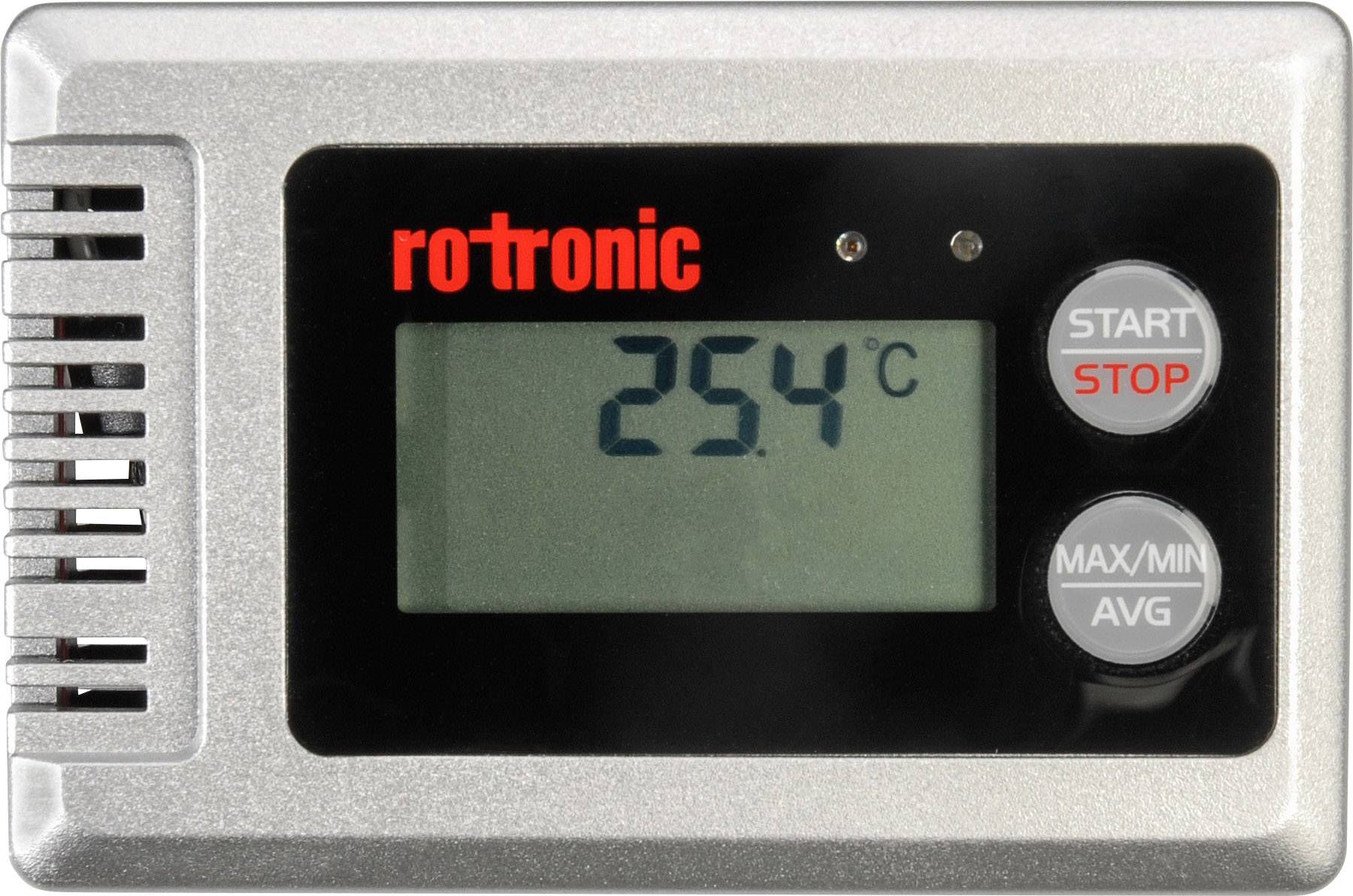 Digitales Thermometer mit Display zeigt 25,4°C an. Zwei Tasten rechts: 'START/STOP', 'MAX/MIN/AVG'. Silbernes Gehäuse, schwarzer Bildschirm.