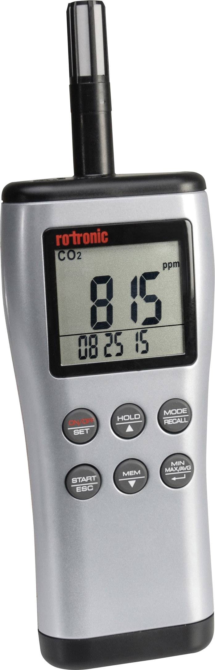Handgerät zur Messung von CO2-Konzentration, zeigt 815 ppm auf Display, silbernes Gehäuse, mehrere Tasten unten.