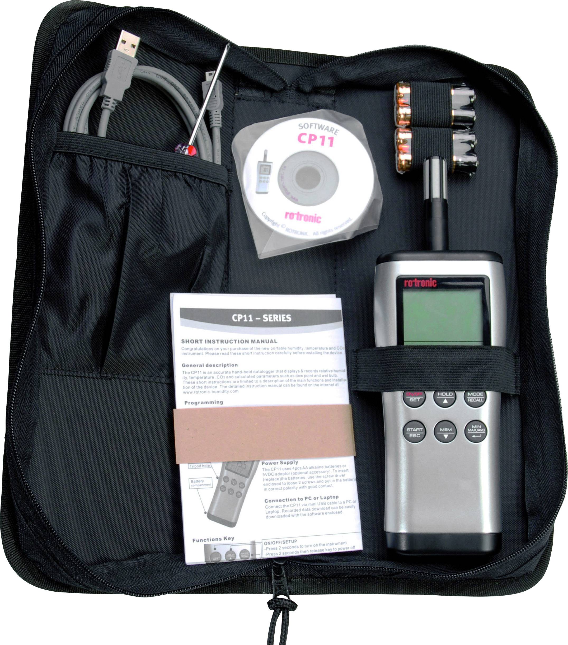 Eine Tragetasche mit digitalem Messgerät, USB-Kabel, Batterien, CD mit Software und Bedienungsanleitung. Ideal für technische Messungen.