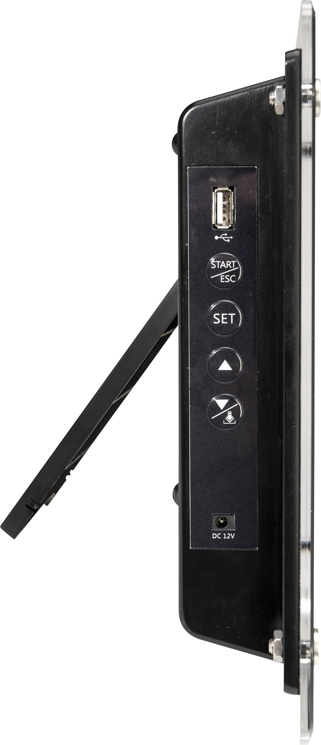 Seitenansicht eines schwarzen elektronischen Geräts mit Tasten und einem USB-Anschluss, auf einem ausklappbaren Ständer.