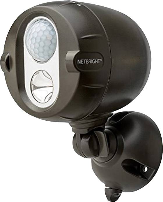Eine schwarze Außenbewegungsmelderleuchte mit Sensor und 'NetBright'-Label, montiert auf einer Wandhalterung.
