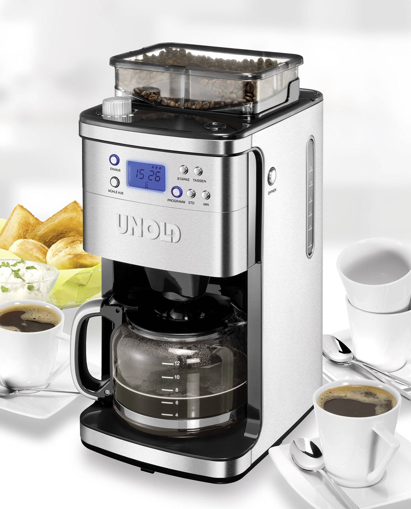 Unold  Kaffeemaschine Edelstahl, Schwarz  Fassungsvermögen Tassen=12 Display, Glaskanne, Timerfunktion, Warmhaltefunktion, mit Mahlwerk