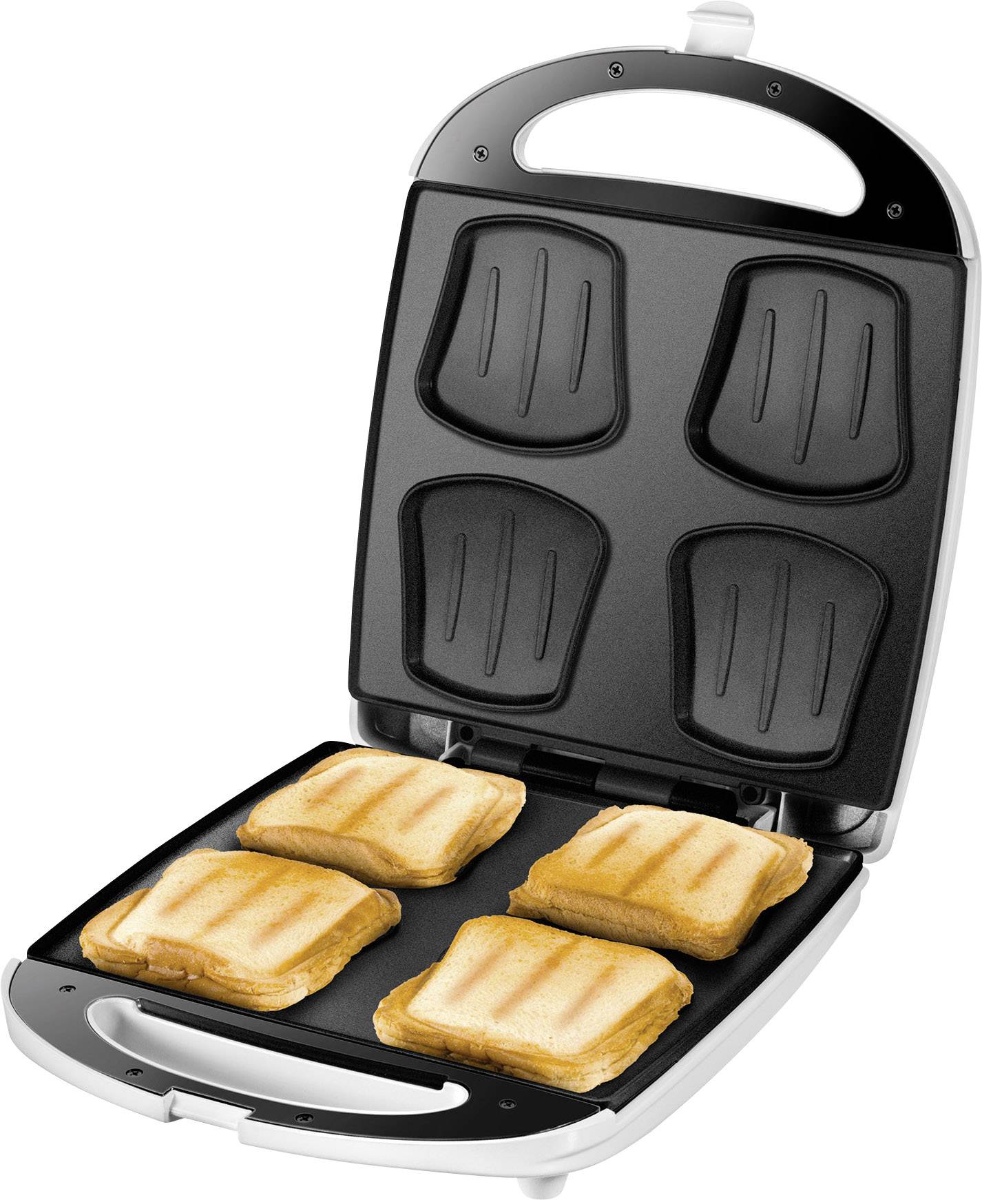 Vier goldbraune Sandwiches auf einem geöffneten Kontaktgrill, bereit zum Servieren.