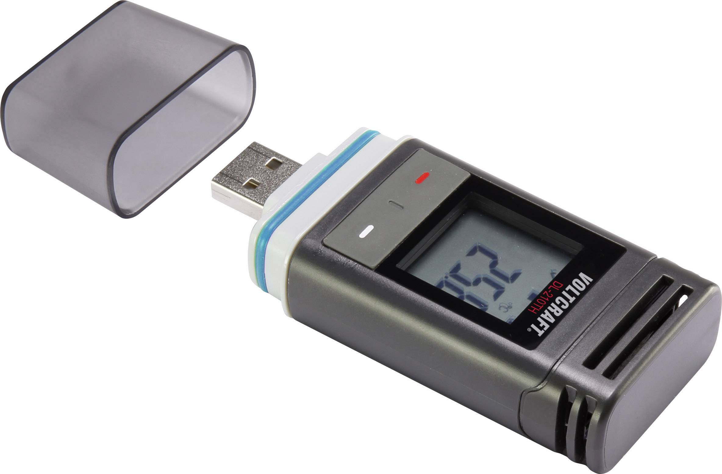Ein USB-Datenlogger zur Temperaturüberwachung, mit abgenommenem Schutzdeckel. Zeigt auf dem Display die Zahl '52'.