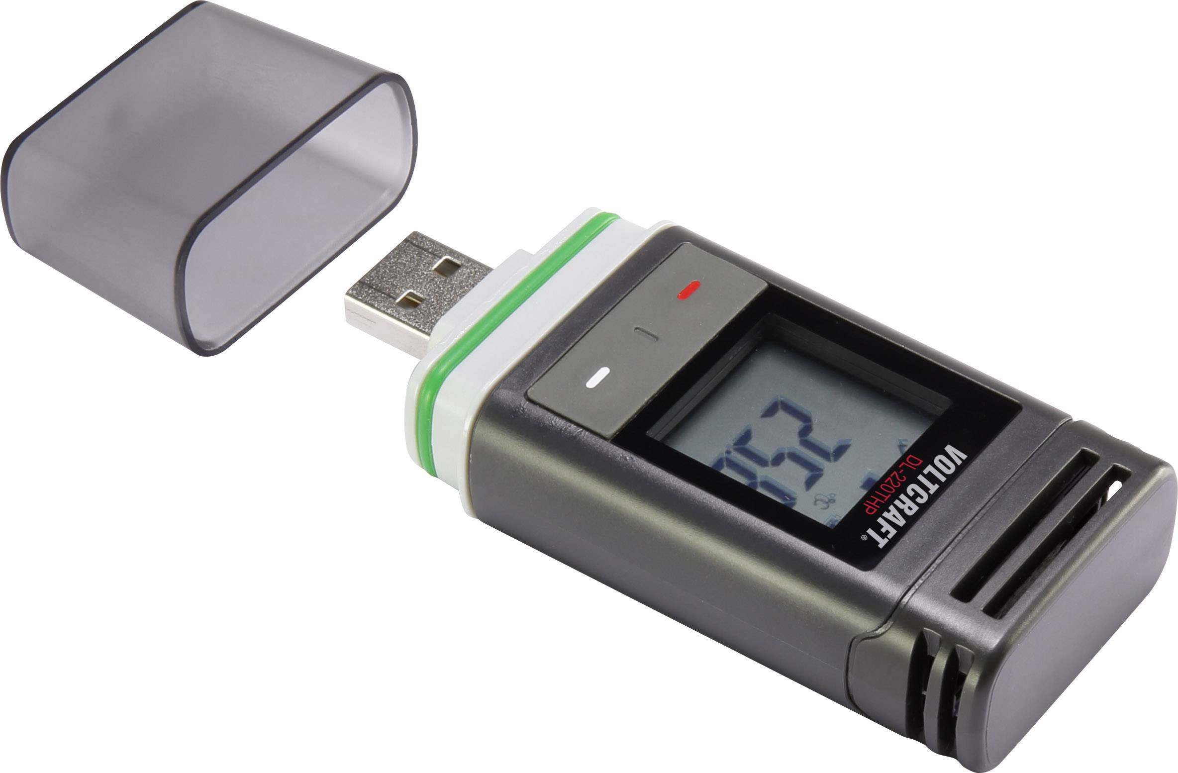Digitaler Datenlogger in USB-Stick-Form mit abgenommenem Schutzdeckel und Display, das den Wert '52' anzeigt.