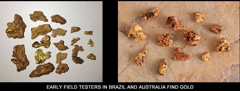 Goldnuggets aufgeteilt in zwei Gruppen: links aus Brasilien, rechts aus Australien. Beschriftung unter dem Bild: Frühe Entdecker fanden Gold.