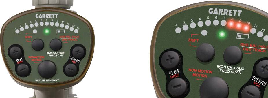 Ein grünes Display mit schwarzen Knöpfen eines Metalldetektors zeigt verschiedene Einstellungen, darunter 'Shift' und 'Non-Motion'.
