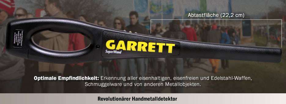 'Revolutionärer Handmetall­detektor' von GARRETT, zeigt die Erkennungsfläche (22,2 cm) und die Fähigkeit, diverse Metallobjekte zu detektieren.