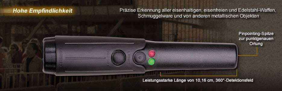 Metalldetektor mit hoher Empfindlichkeit, erkennt Eisen- und Edelstahlobjekte präzise. Länge: 10-16 cm, 360°-Detektionsfeld.