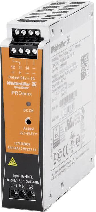 Weidmüller PROmax Netzteil, Output: 24V, 3A, regelbar 24-29.5V, geeignet für industrielle Anwendungen, Montage auf DIN-Schiene.