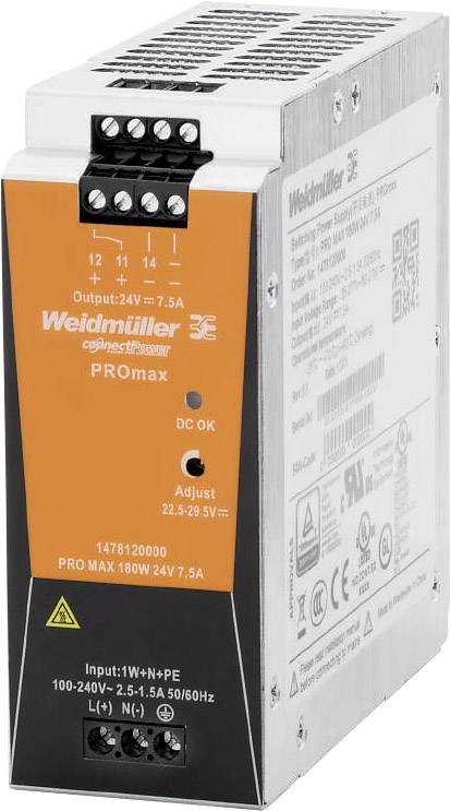 Ein silbernes und oranges Weidmüller PROmax Netzteil mit digitaler Anzeige und mehreren Anschlüssen, liefert 24V bei 7,5A.