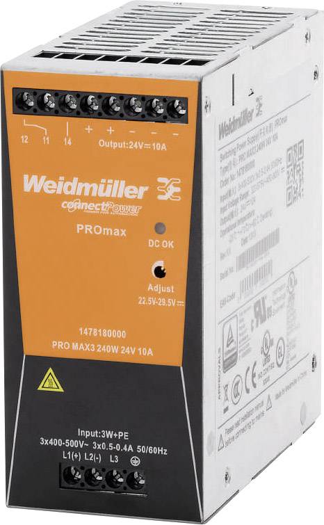 Stromversorgungseinheit von Weidmüller, Modell PROmax, mit einstellbarer Spannung 24V-28,5V und maximalem Ausgangsstrom von 10A.