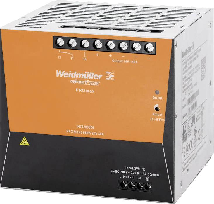 Ein orange-silbernes Weidmüller PROmax Netzteil mit Statusanzeigen und Einstellknopf, geeignet für industrielle Anwendungen.