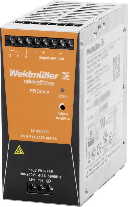 Industrielles Netzteil 'Weidmüller PROmax' mit 240W Leistung bei 48V und 5A. Robust und kompakt, geeignet für vielfältige Anwendungen.