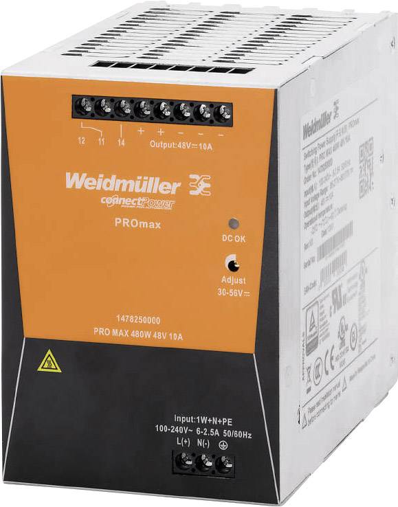 Ein Weidmüller PROmax Netzteil. Leistung: 480W, Ausgang: 48V, 10A. Spannungseinstellung: 30-55V. 100-240V Eingang, 50/60Hz.