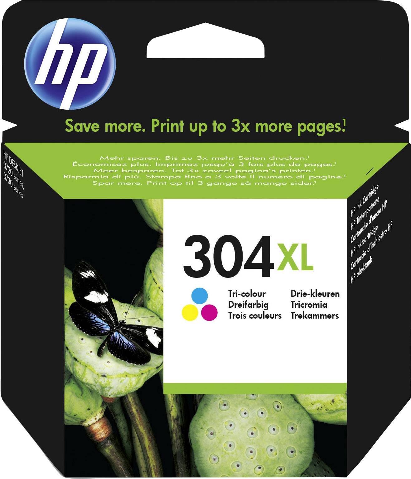 HP 304XL Druckerpatrone Verpackung. Enthält Tri-Color Tintenpatrone. Aussage: 'Bis zu dreimal mehr Seiten drucken.'