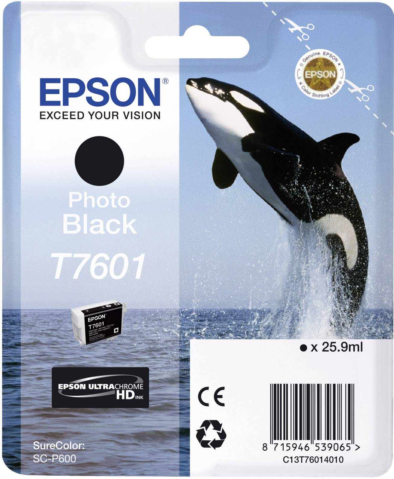 Epson T7601 Tintenpatrone in Foto Schwarzer Farbe, zeigt einen springenden Orca über dem Meer. Kompatibel mit SureColor SC-P600.