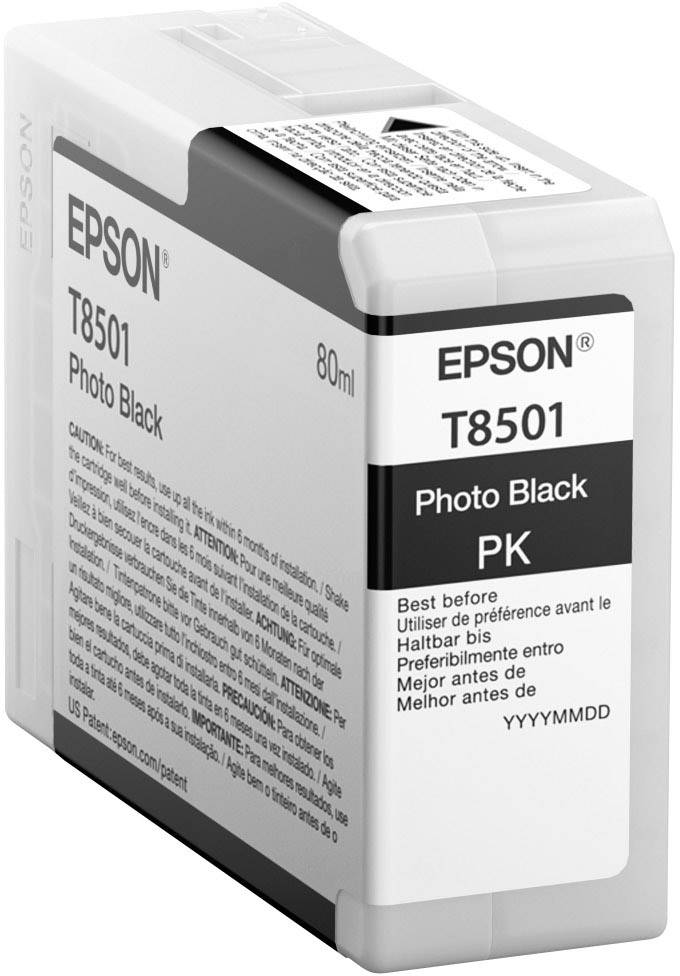 Epson T8501 Fototintenpatrone in Schwarz, 80 ml, für Drucker. Verpackung zeigt Produktdetails und Verwendungsinformationen.