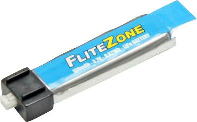 Ein blauer FliteZone LiPo-Akku für Drohnen mit weißem Steckverbinder, rechteckiger Form und schwarzem Abschluss.