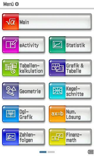 Menü einer mathematischen Software mit Optionen: 'eActivity', 'Statistik', 'Tabellenkalkulation', 'Geometrie', 'Zahlenfolgen' und mehr.