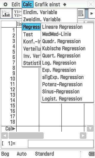 Ein Menü zeigt Regressionsoptionen in einem Mathematikprogramm, darunter lineare, quadratische und logistische Regression.