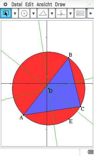 Kreisdiagramm mit einem blauen Dreieck ABC innerhalb eines roten Kreises. Linien durch D verbinden die Ecken und den Mittelpunkt.