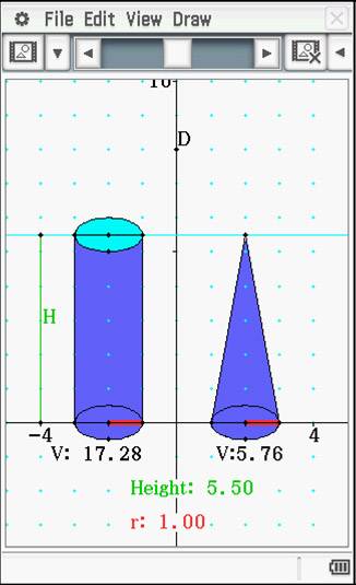 Grafik mit zwei 3D-Formen: links ein Zylinder, rechts ein Kegel. Beschriftet mit Volumen: '17,28' und '5,76', Höhe: '5,50', Radius: '1,00'.