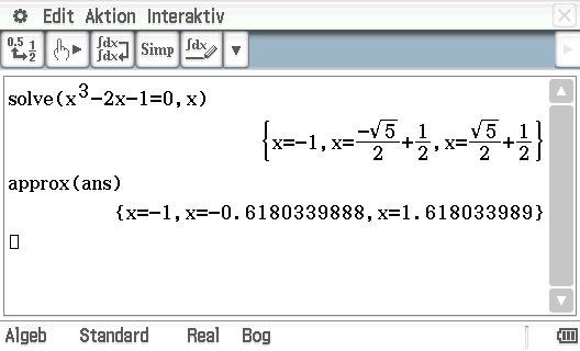 Lösung der Gleichung x³-2x-1=0. Ergebnisse: x=-1, x=-(√5/2 + 1/2), x=(√5/2 + 1/2). Näherungswerte: x=-1, x≈-0.618, x≈1.618.