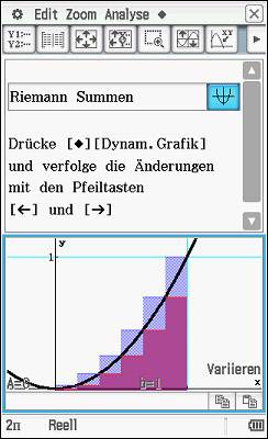 Mathematische Software-Benutzeroberfläche zeigt Riemann-Summen mit Diagramm: schwarze Kurve, blaue und rote Balken unten, Textanweisungen zur Nutzung.