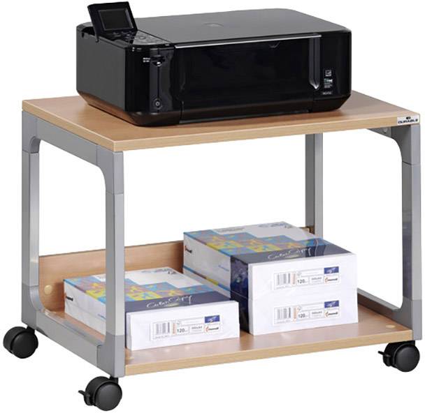 Drucker auf einem Rolltisch mit drei Stapeln Papier. Der Drucker ist schwarz, der Tisch hat zwei Holzablagen und Metallrollen.