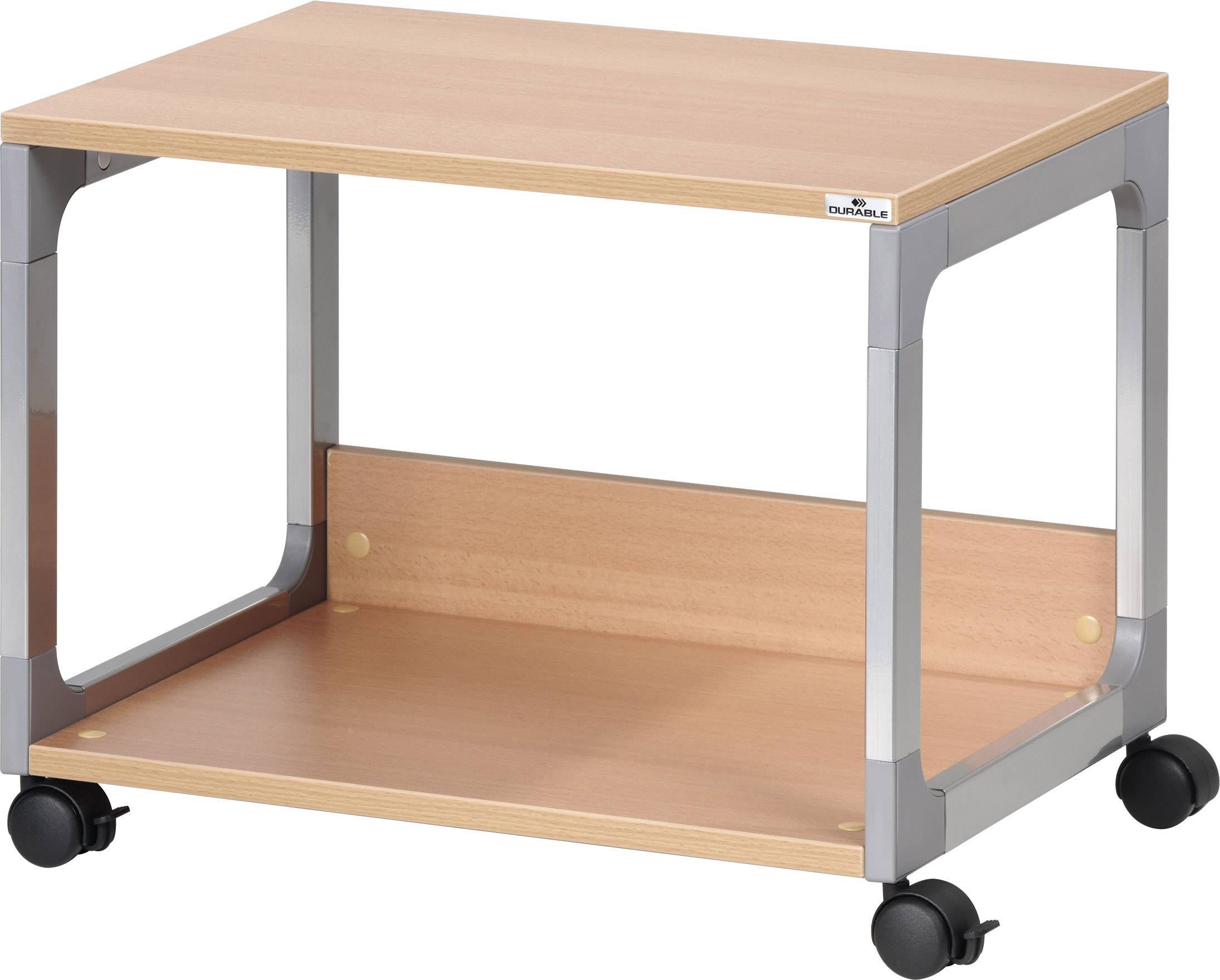 Holztisch mit Metallrahmen auf Rollen, geeignet für Büro- oder Heimgebrauch.