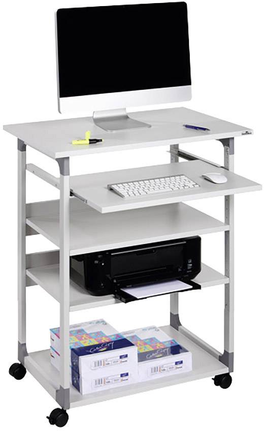 Ein weiß-grauer Computertisch auf Rädern mit einem Desktop-Computer, Tastatur, Maus, Drucker und Papierstapeln auf den Regalen.