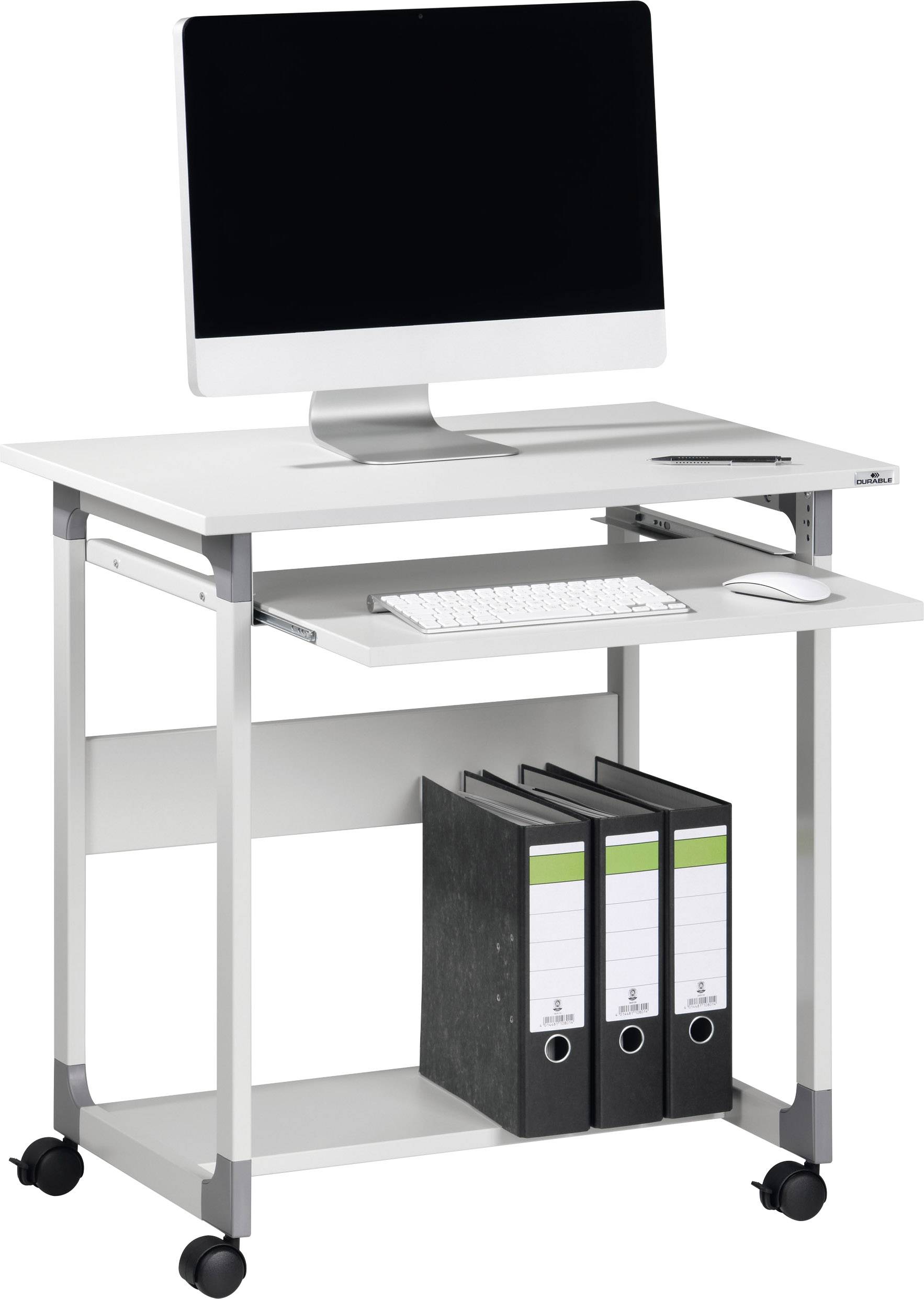 Kleiner weißer Computertisch auf Rollen mit Monitor, Tastatur, Maus und drei Ordnern unter dem Tisch.