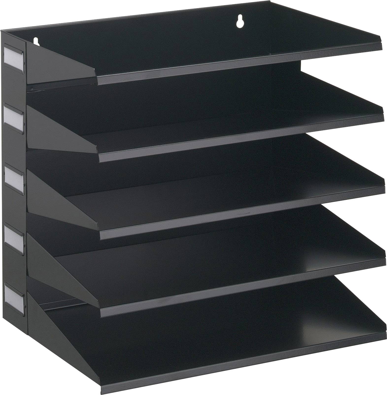 Schwarzes Metallschreibtisch-Ablagefach mit fünf offenen, schrägen Fächern zur Aufbewahrung und Organisation von Dokumenten.