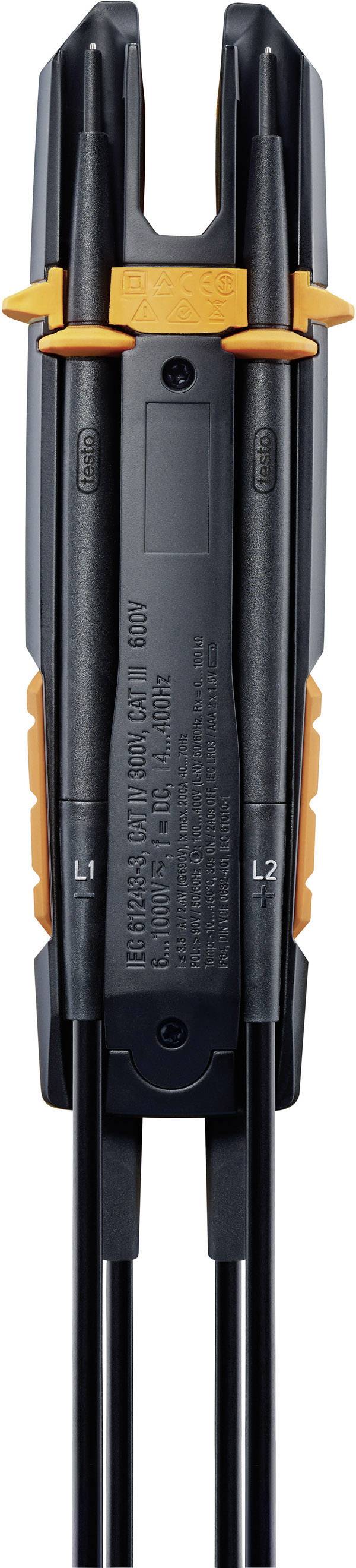 Elektrisches Prüfgerät in schwarzem Gehäuse, mit Kabeln und orangefarbenen Akzenten. Verwendet zum Testen elektrischer Spannung.