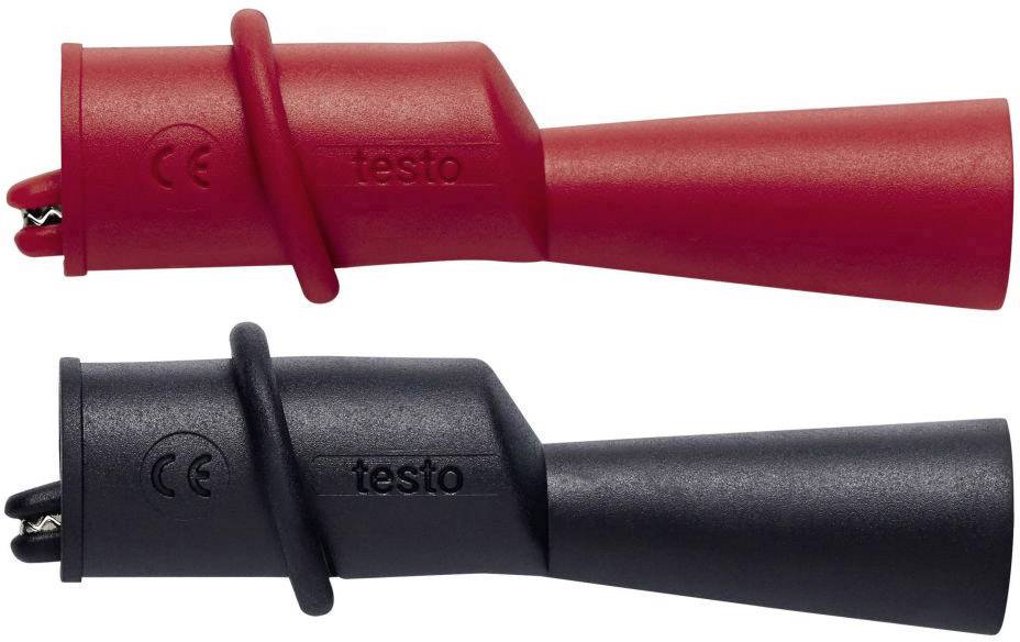 Zwei Prüfklemmen in Rot und Schwarz mit der Aufschrift 'testo' und CE-Zeichen, verwendet für elektrische Messungen.