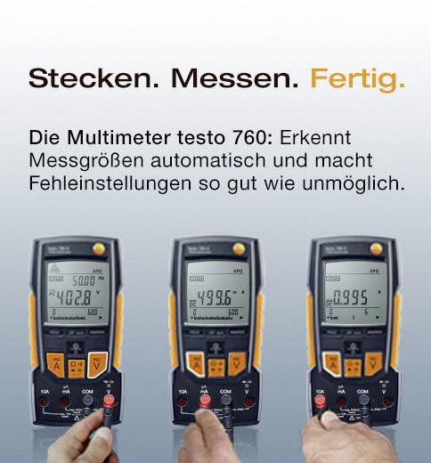 Drei digitale Multimeter mit sich ändernden Anzeigen, unter dem Slogan 'Stecken. Messen. Fertig.' und Produktbeschreibung.
